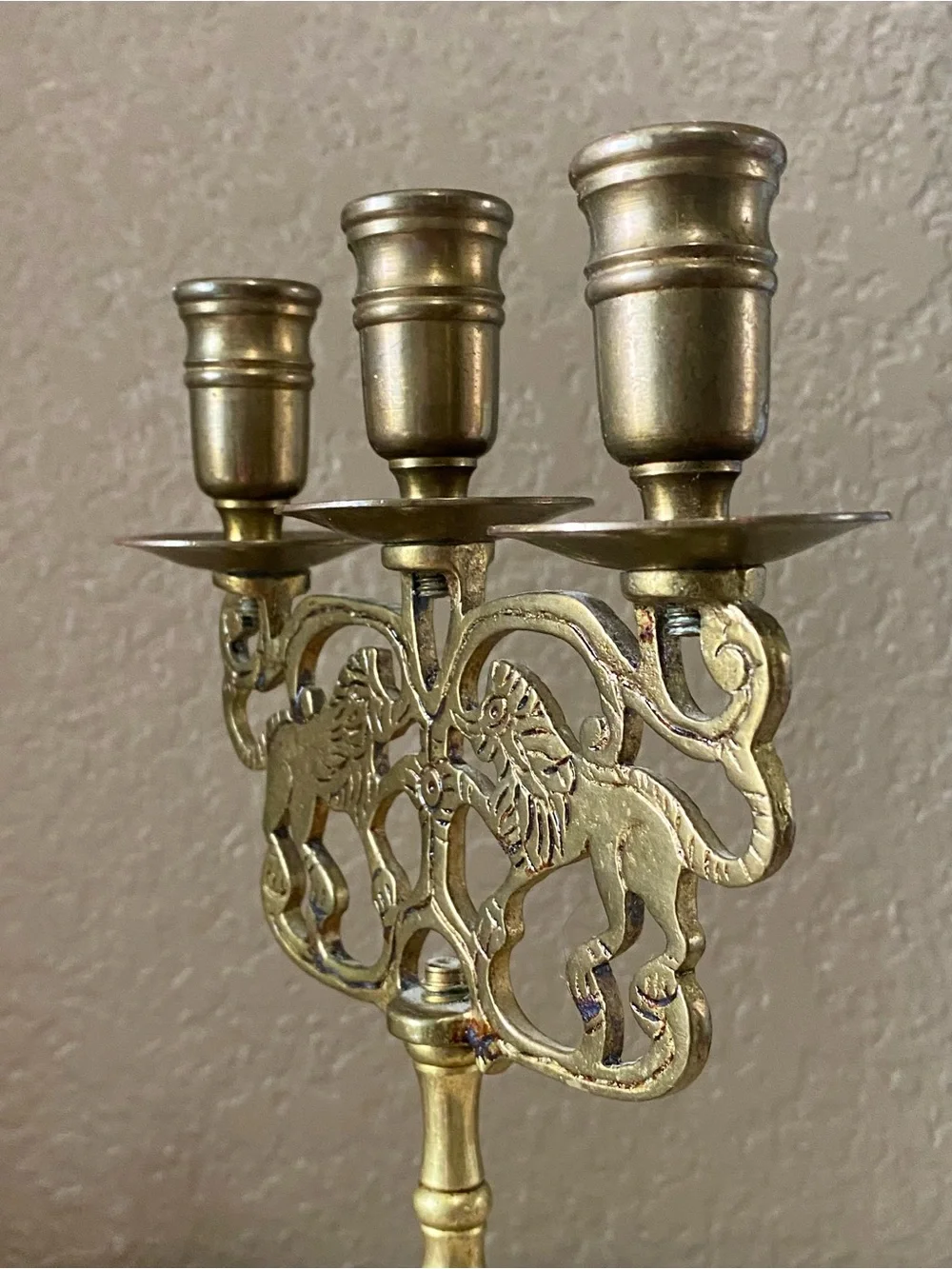 Brass Triple-Arm Lion Motif Candelabra